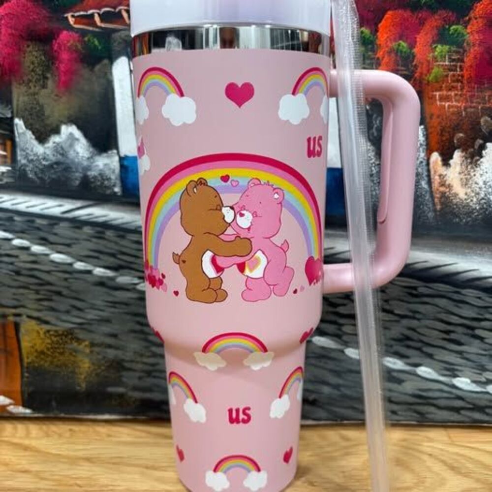 Care Bears–Inspired Pink 40 oz Tumbler with Handle & Straw